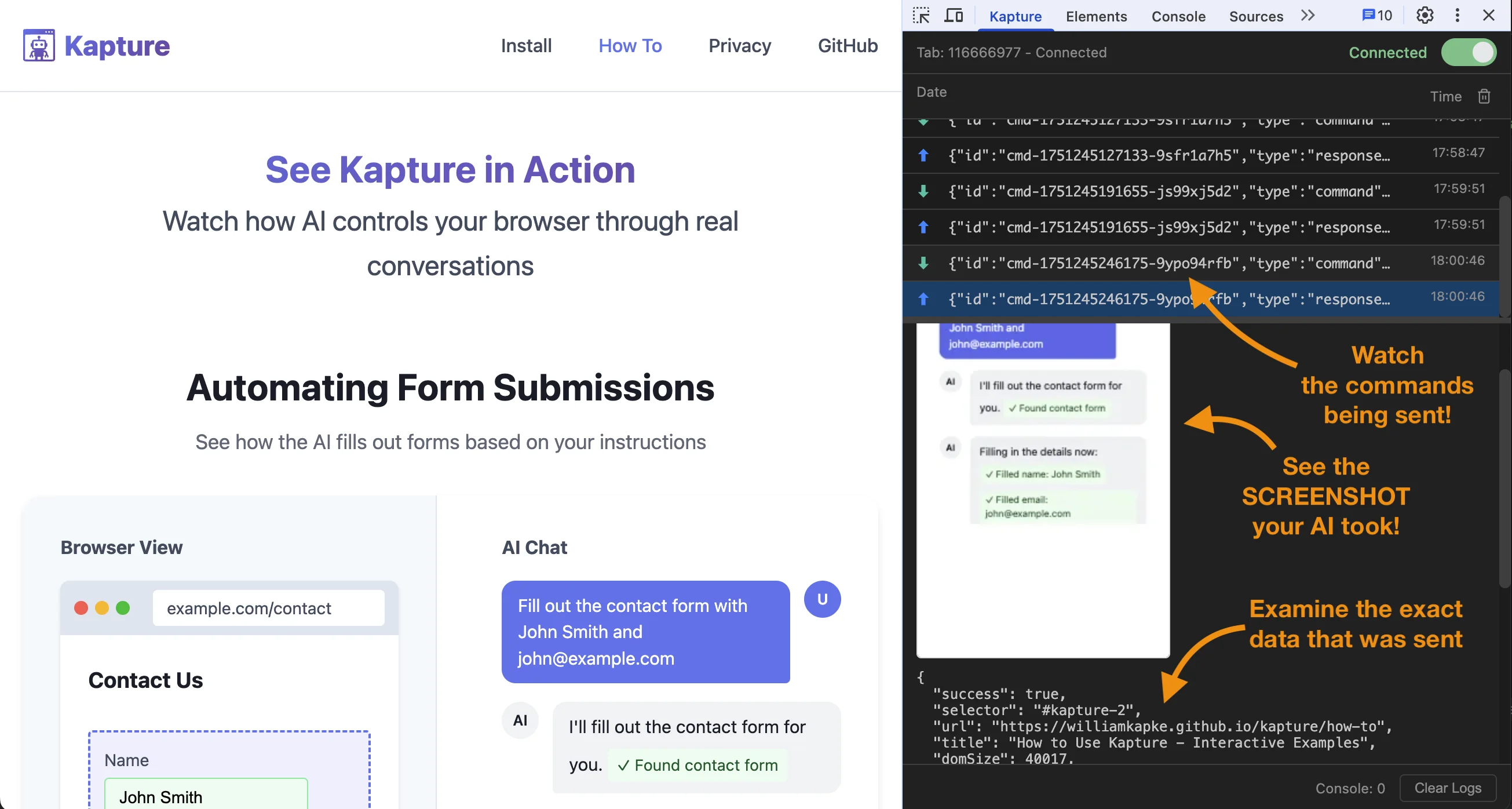Kapture DevTools Panel showing screenshot preview, command execution, and real-time response monitoring