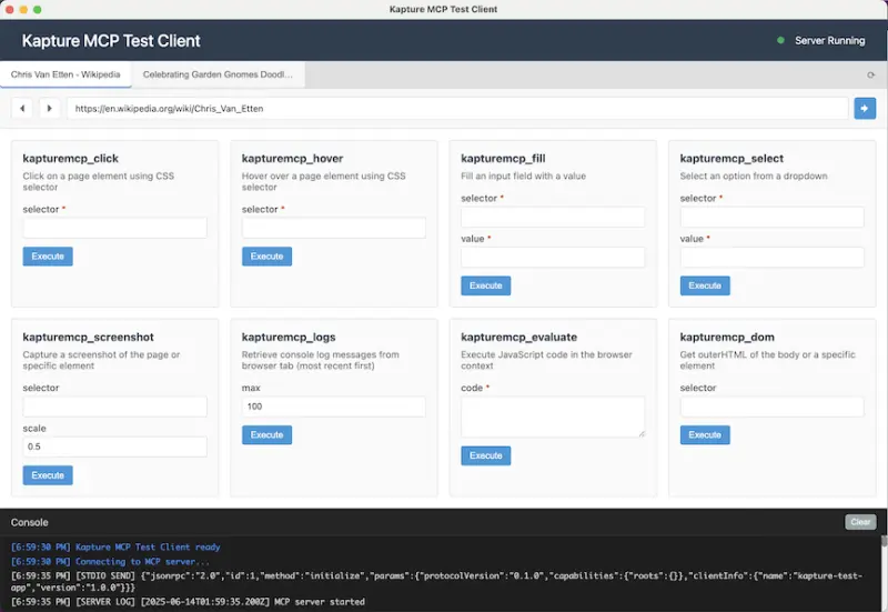 Kapture MCP Test Client showing interactive tool testing interface